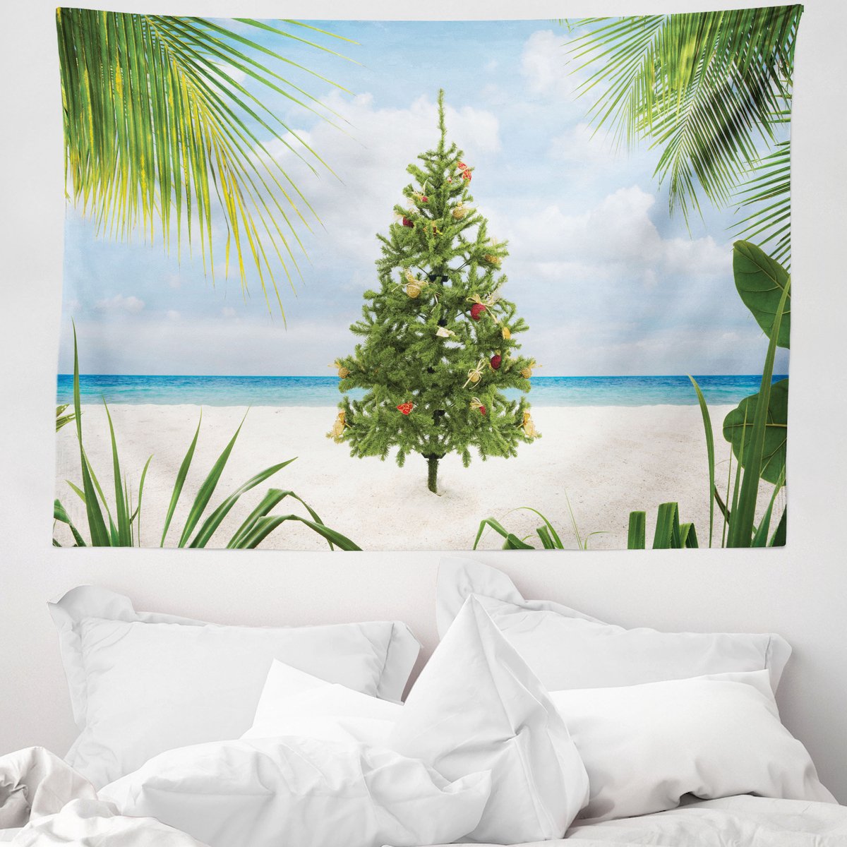 ABAKUHAUS Kersttapijt, kerstboomversiering en ornamenten met tropisch eiland- en zandstrandthema, 150 x 110 cm, crème