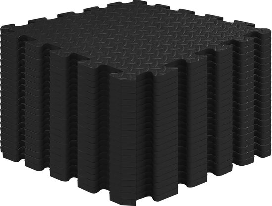 Stapel zwarte puzzelmatten met visgraatpatroon.