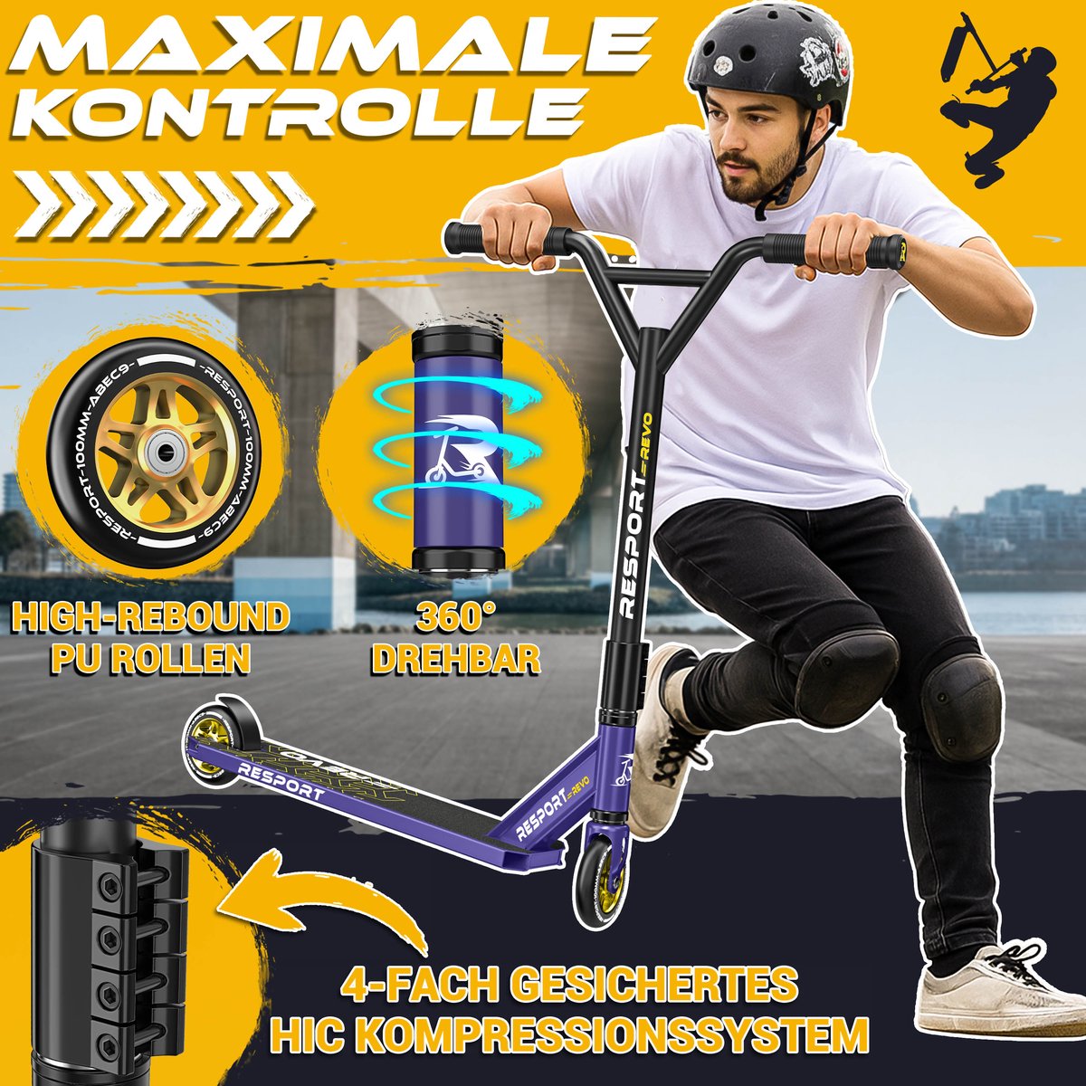 RE:SPORT Stuntstep REVO - Stuntstep voor Kinderen & Volwassenen - ABEC-9 - 100mm PU Wielen - Met Standaard - Y-Bar - Trick Scooter
