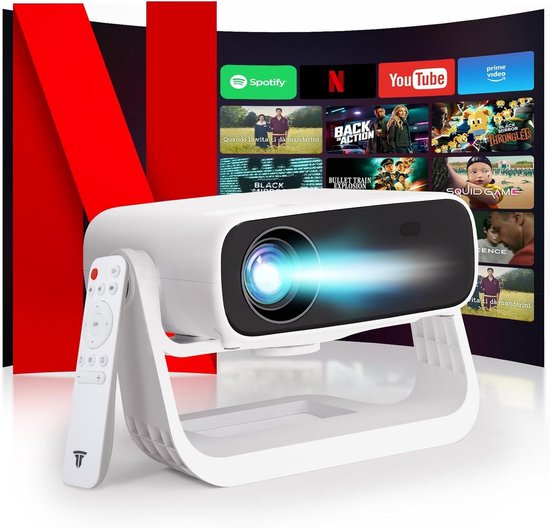 Beamer met standaard, wifi, Bluetooth, automatische trapeziumcorrectie en geïntegreerde apps voor streaming