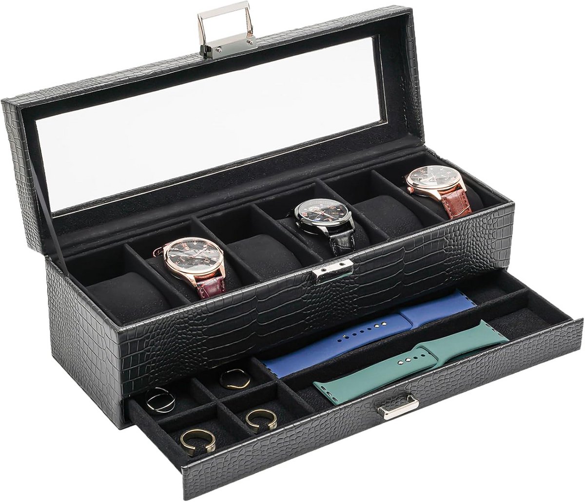 Horlogedoos met Lade voor 6 Horloges, Dubbellaags Opbergdoos, Glazen Deksel, Unisex Systeem, Zwart