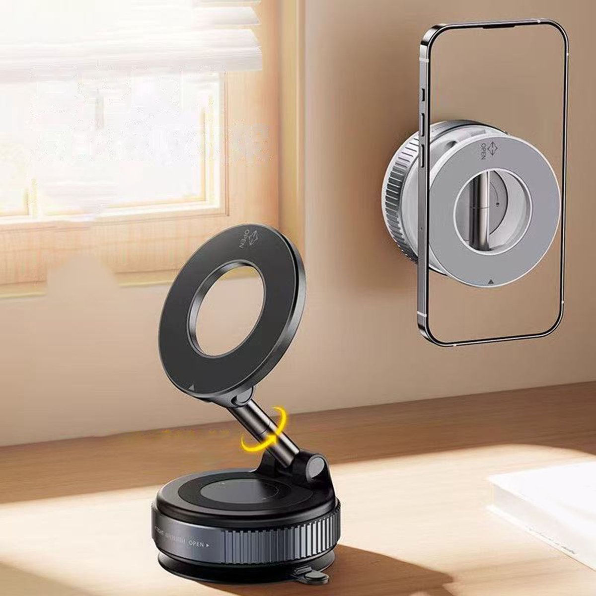 Magnetische autotelefoonhouder met vacuümfunctie, 360° verstelbaar, opvouwbaar, voor montage op de voorruit, geschikt voor gebruik in de sportschool, zwart. – foto 4