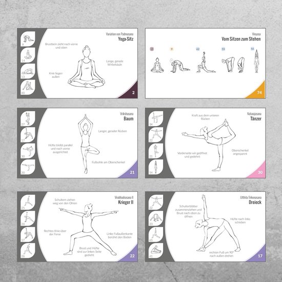 Yoga kaarten met 60 oefeningen, introductiecursussen, meditatie en ademhaling, voor beginners en gevorderden — afbeelding 3