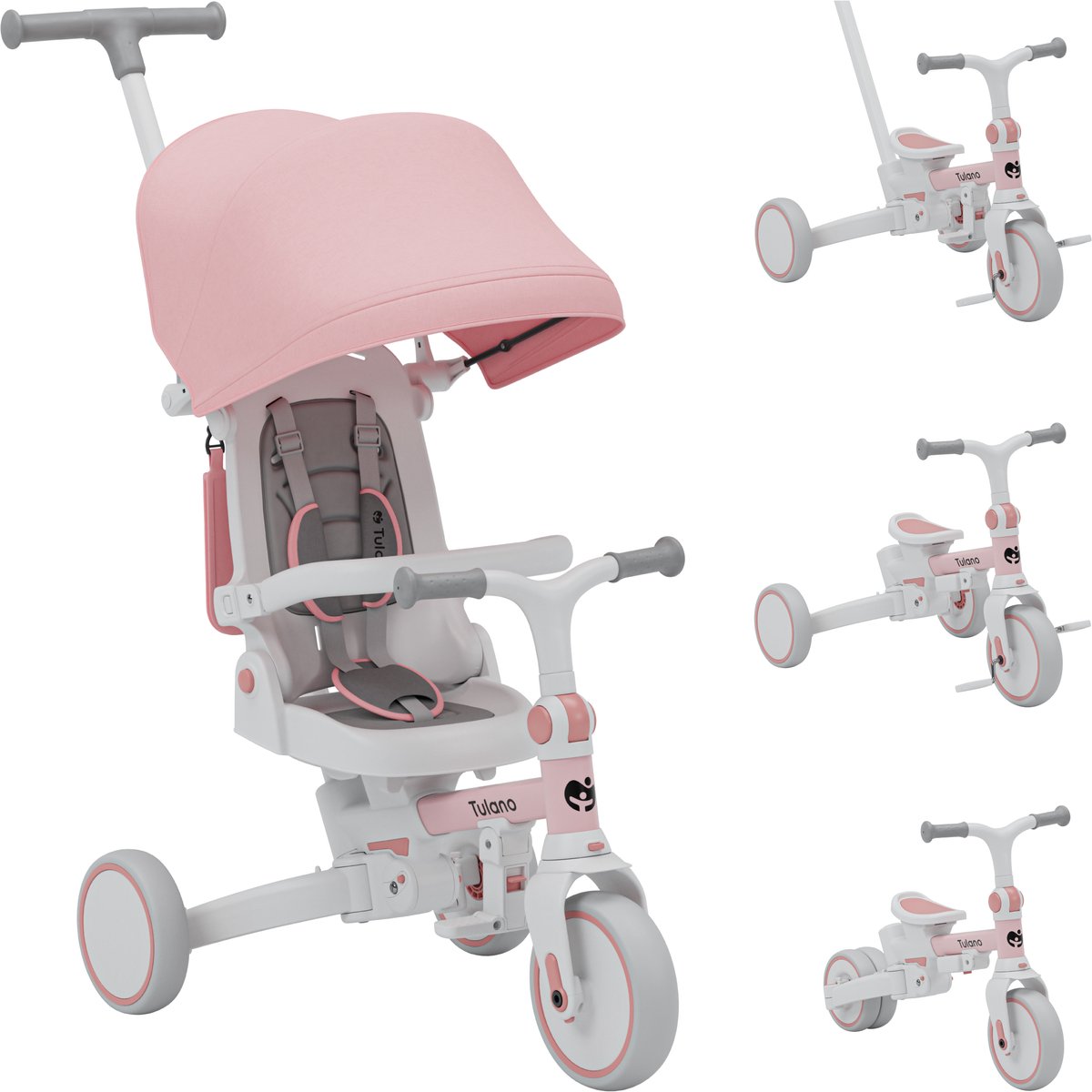 Tulano Noah 35 - Driewielige fiets - 4-in-1 driewielige fiets met duwstang, driewielige fiets om zelfstandig te rijden, loopfiets, loopfiets - met waterdichte kap - opvouwbaar - wielen van EVA-schuim - Roze