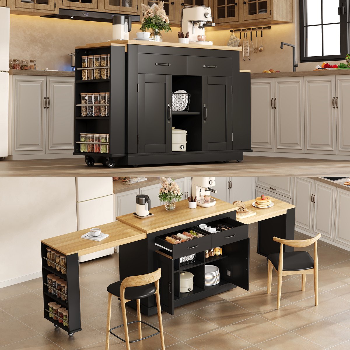 Keukeneiland - 142 x 55 x 93 cm - Uitschuifbaar Keukeneiland met Stopcontact en USB - MDF
