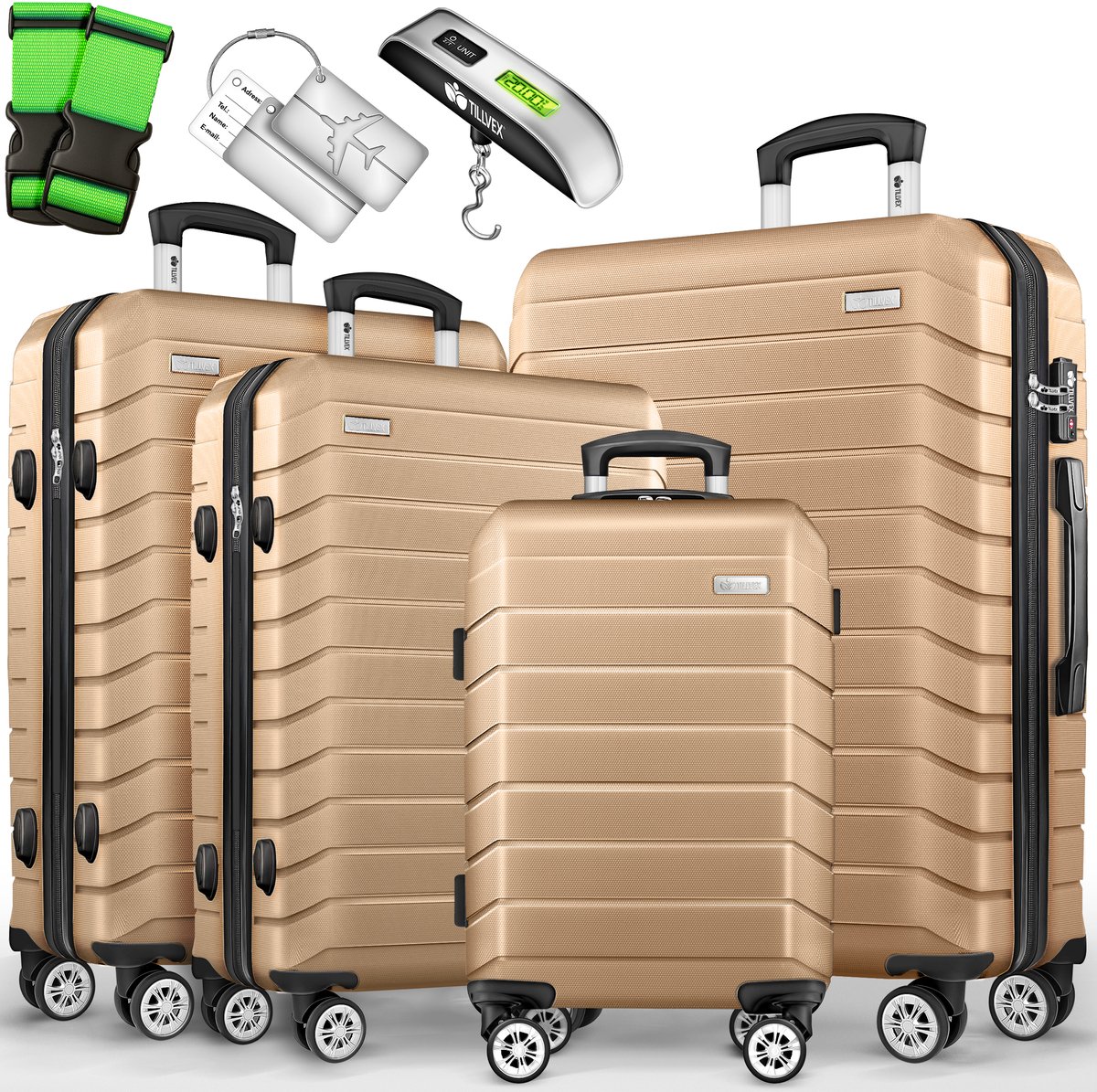 tillvex® reiskofferset 4-delig + bagageweegschaal, 8X kofferriemen & 4X kofferhangers | kofferset 4 wielen | trolley bagage koffer TSA-slot | set koffer met harde schaal S-M-L-XL, legergroen