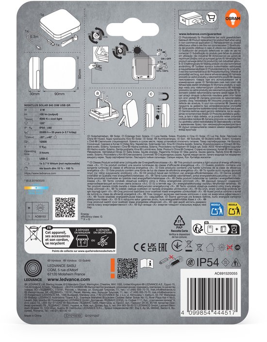 OSRAM Nightlux Solar Light Gray, op zonne-energie werkende LED-buitenlamp, 2,00 W, 100 lm, koel wit, powerbankfunctie, USB-C-oplaadpoort, voor buiten, IP54 van Osram — afbeelding 5