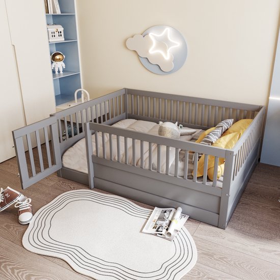 Lit enfant 140 x 200 cm - cadre de lit en bois avec dossier et porte - gris - sans matelas