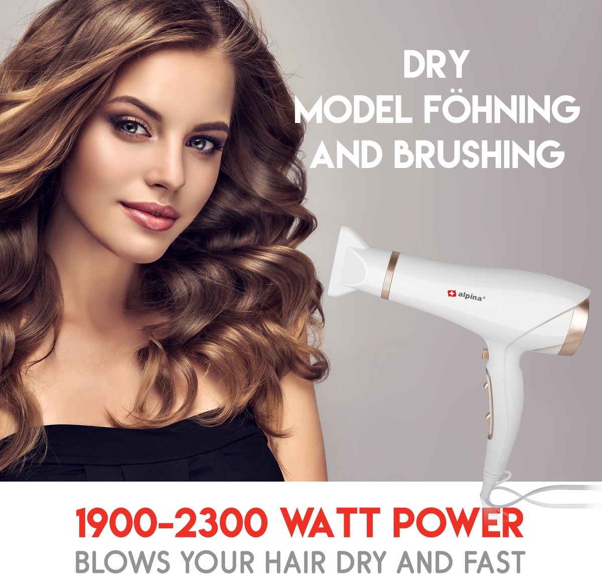 alpina Föhn 1900-2300W - Haardroger met 3 Warmte Instellingen - Haar Droger met Cool Shot - Hair Dryer incl. Extra Blaasmond en Ophanglus - Wit/Rosé — afbeelding 3