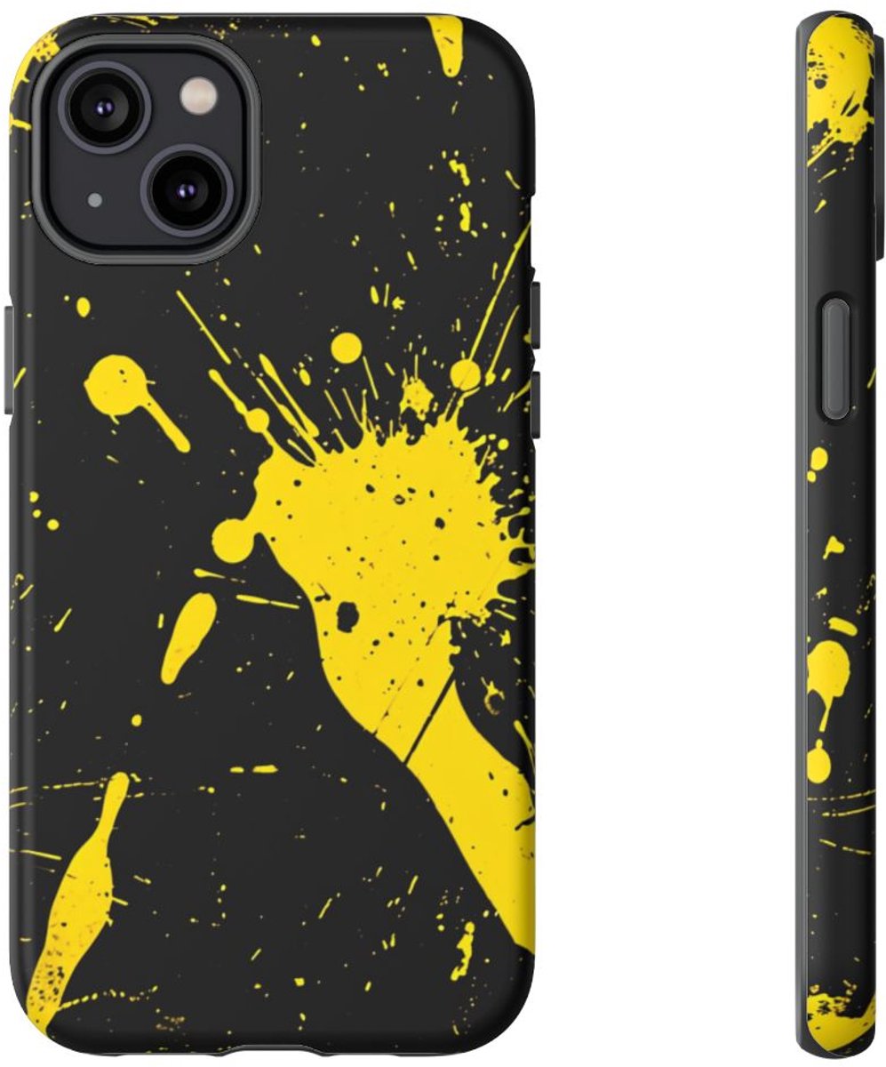 Gele Verfspatten op Zwarte Achtergrond – Telefoonhoesje Geschikt voor iPhone 14 Plus