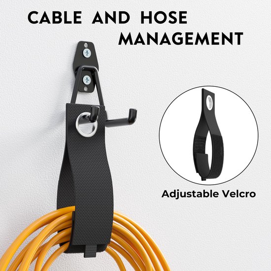 Een zwarte GOODEVN haak met een oranje kabel eromheen gewikkeld, vastgezet met een verstelbare klittenband. Tekst "CABLE AND HOSE MANAGEMENT".