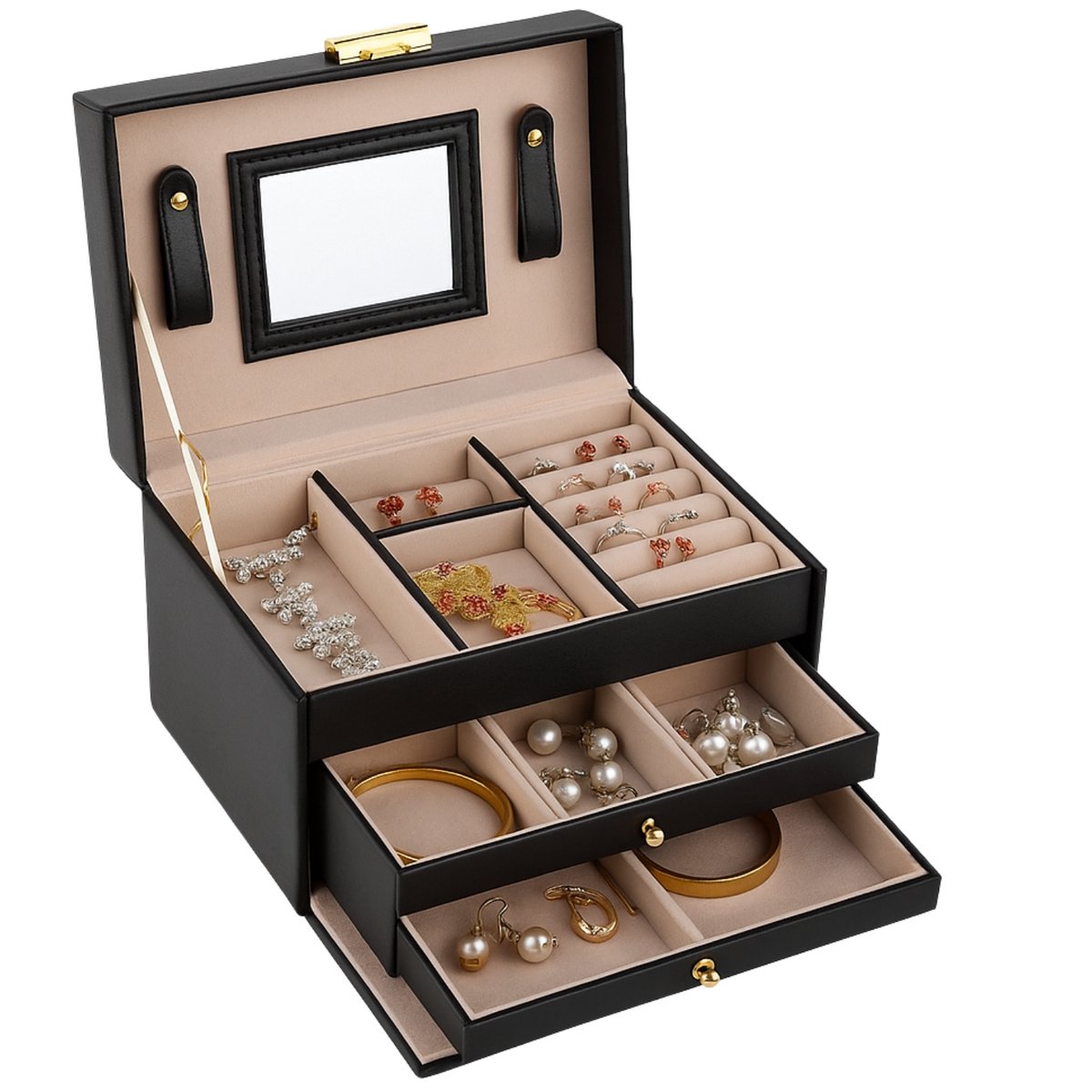 Lomera Sieradendoos met Spiegel - Juwelenkistje Zwart - Sieradenopbergdoos - Zwart PU Leer - 3 Lagen - Losse Lades - 12 Opbergvakken - Ringhouders
