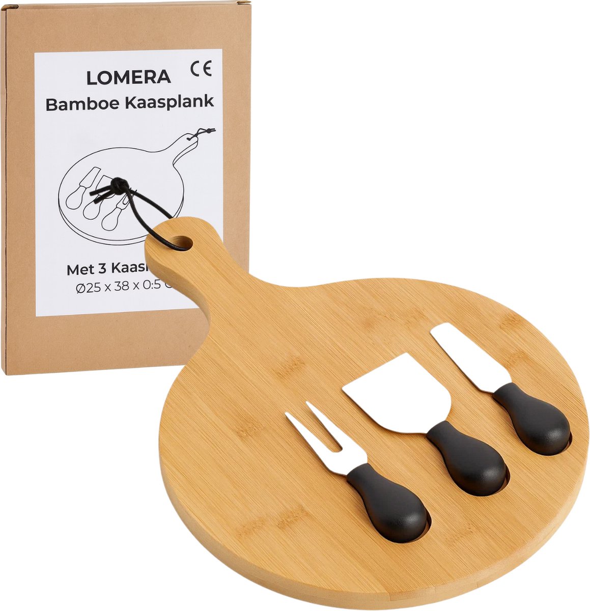Lomera Bamboe Kaasplank - Kaasplank met Mesjes - Kaasplank Set - Serveerplank Bamboe - Kaasmesjes Set - RVS Kaasmesjes - Kaasplank Rond - Kaas Serveerplank - Kaasplank met Handvat - Kaasplank met 3 Messen — cadeau in Kookcadeaus - foto 5