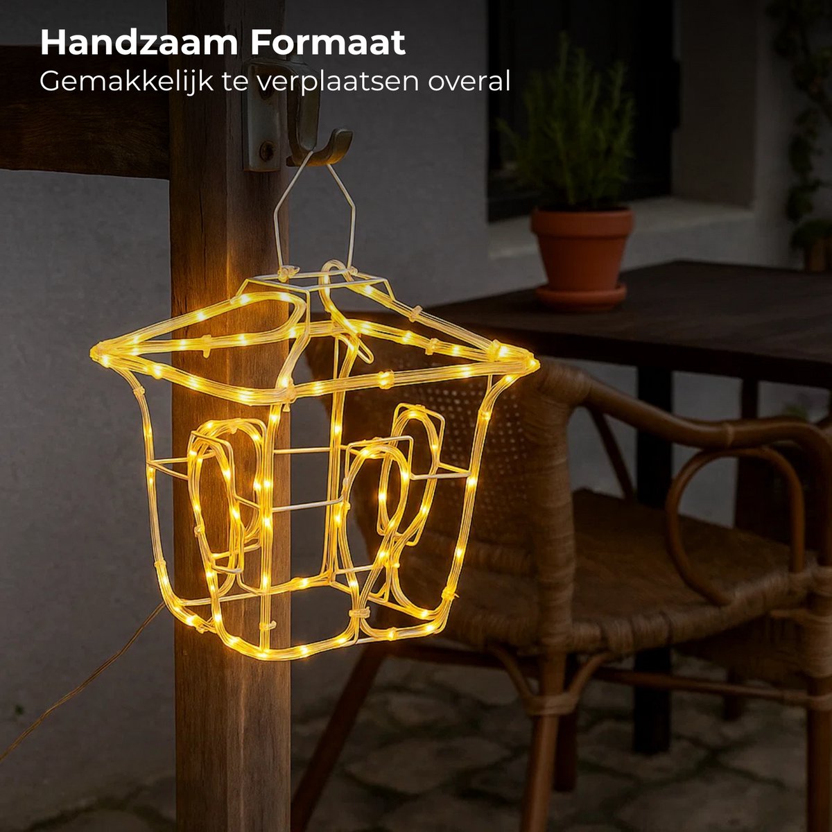 Lomera Kerstlantaarn LED - LED Slangverlichting - Op Batterijen - Automatische Timer - Binnen en Buiten - Warm Wit Licht - Metalen Lantaarn - IP44 Waterdicht - Kerstdecoratie - Sfeervolle Verlichting - LED Ropelight - 80 LED Lampjes – foto 2