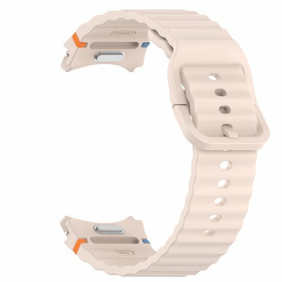 Lichtroze sportband met golvend patroon en oranje en blauwe accenten bij de aansluiting.