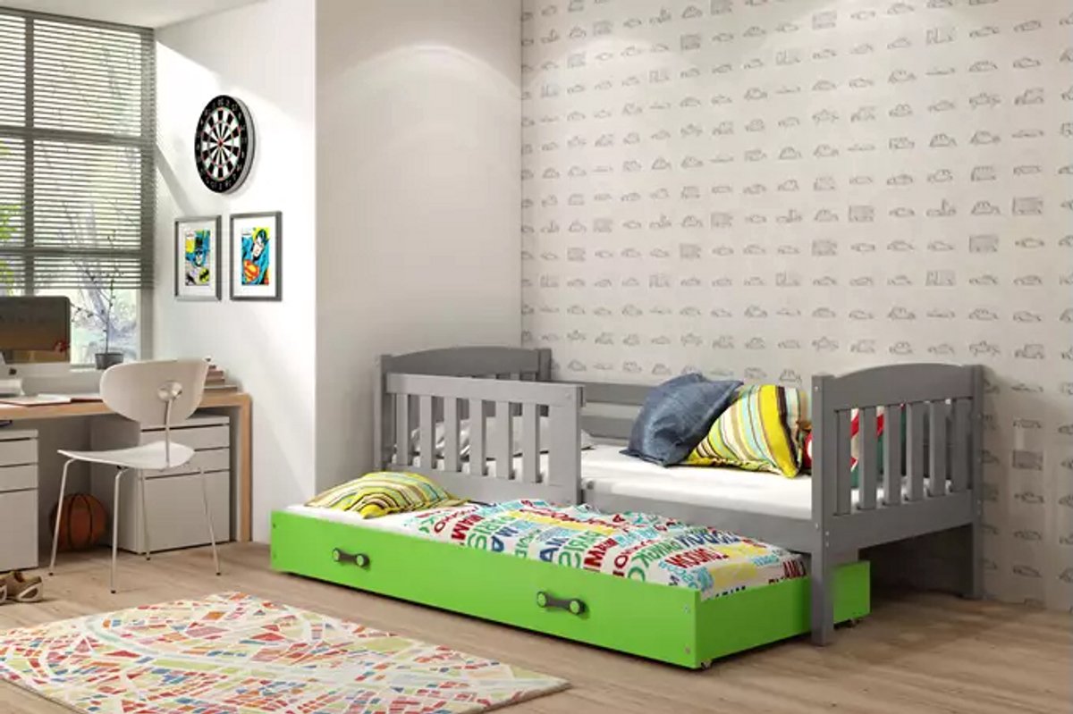 BMS KUBUŚ - Pull-Out Kinderbed - 80x160 cm - Met Matras en Lade - Grafiet/Groen
