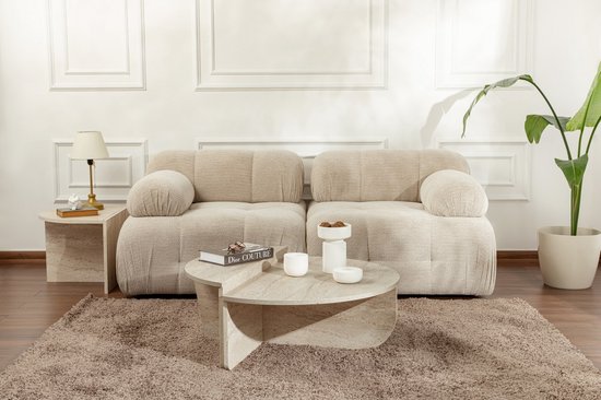 Set de 2 tables basses - Effet travertin beige - ALOEVA L 90 cm x H 30 cm x P 60 cm