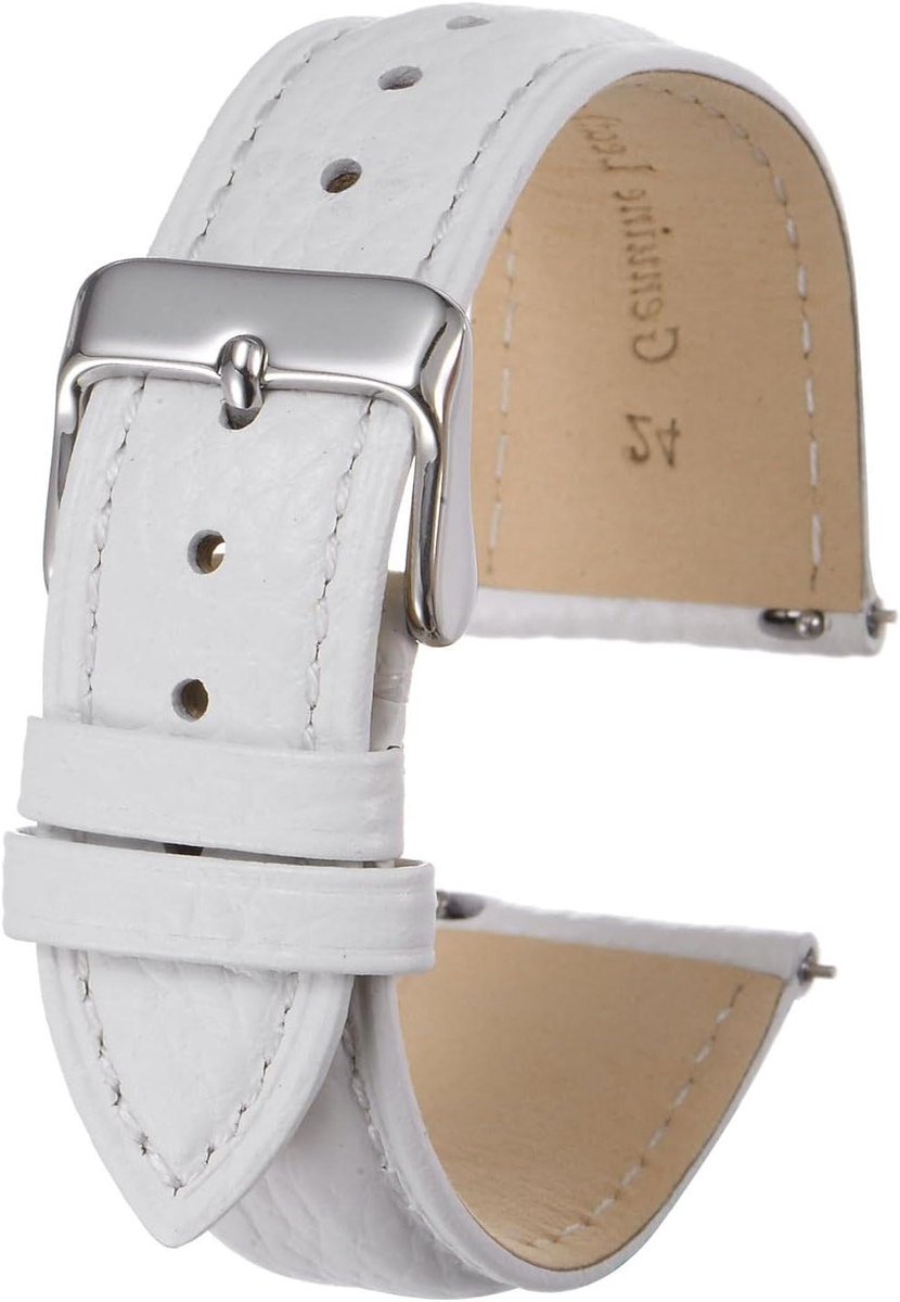 Horlogeband van echt rundleer 24 mm plat wit - Snelle vervanging - Roestvrijstalen gesp - Klassieke smartwatch