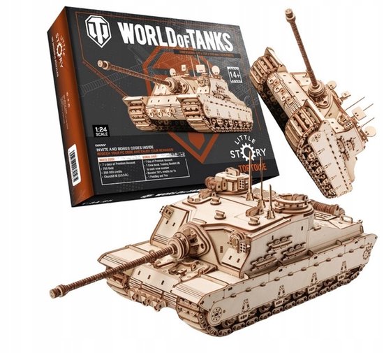 Houten tankmodel, schaal 1:24, naast de verpakking met "World of Tanks" logo. Gedetailleerde constructie.