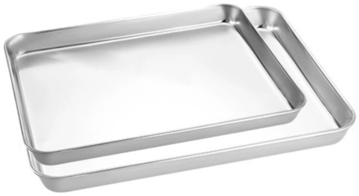 QTTVBTNA 2-delige RVS Serveertray Set – Spiegelglad, Roestvrij, Niet-toxisch – Middel 26,5x15,5 cm & Klein 22,7x14,7 cm – Geschikt voor stomen, Duurzaam & Gemakkelijk schoon te maken