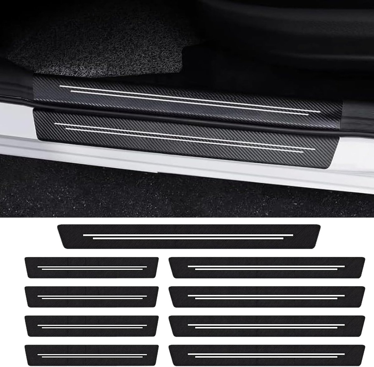 Image of 9 Pcs Carbon Fiber Deur Drempel Strips - Universele Anti-Trampling Beschermende Decoratieve Strips voor Auto Deur Drempel Bescherming - Geschikt voor Diverse Auto Modellen