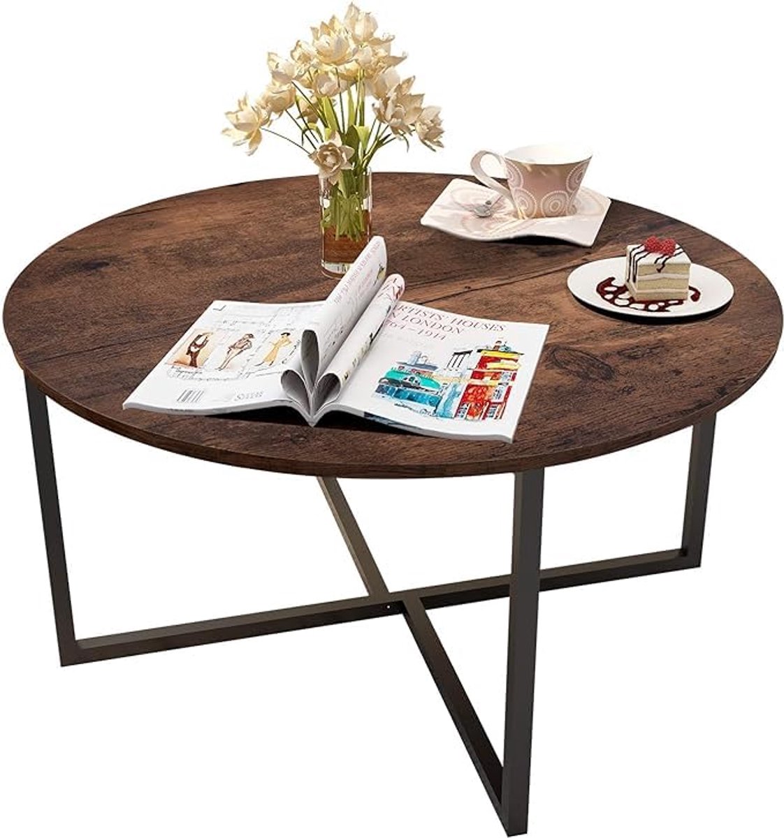Ronde salontafel voor woonkamer - Industriële bijzettafel met metalen poten