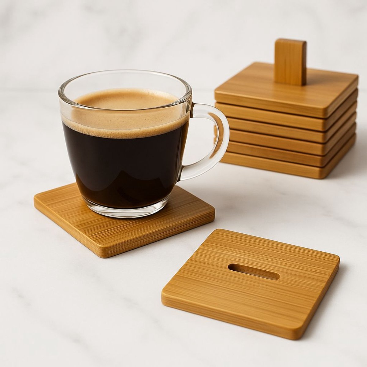Bamboe Onderzetters – Set van 6 stuks – 9×9 cm – Natuurlijke Bamboe – Hittebestendig – Voor Glazen, Mokken & Bekers