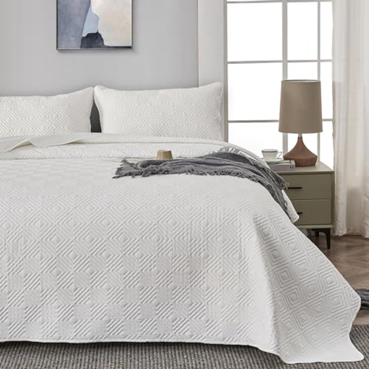 Lichte Gewatteerde Bedsprei 220x240 cm, 3-delige Set met Kussenslopen, 100% Polyester, Ademend en Zacht