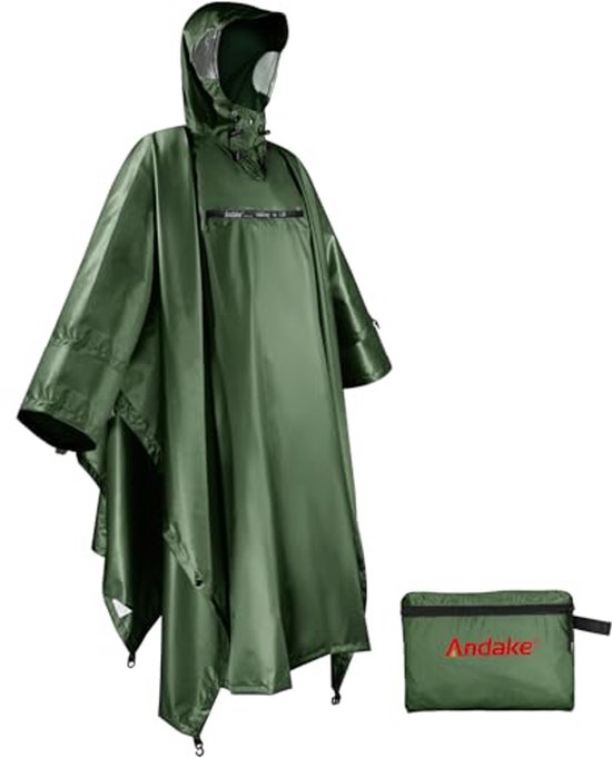 Andake Regenponcho voor volwassenen, waterdicht, lichtgewicht, herbruikbaar, met capuchon, voor wandelen, kamperen, fietsen, outdoor-activiteiten, Verde, One size