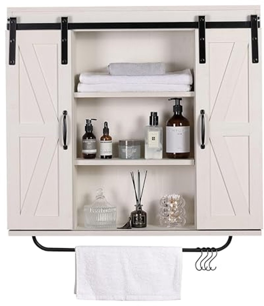 Rustieke houten muur opbergkast met schuifdeuren - 3-laags decoratieve vintage kast voor k