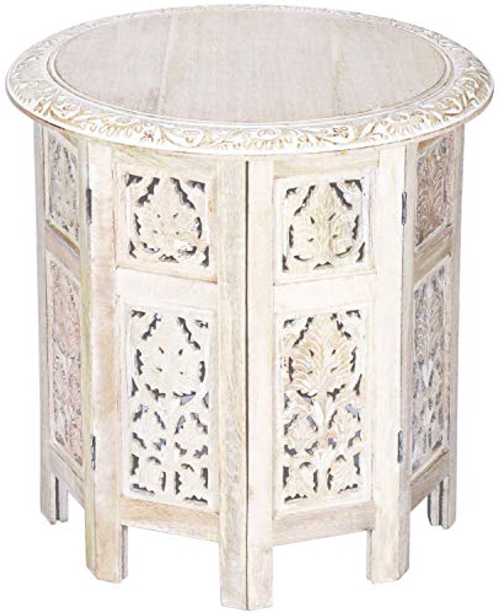 Ronde Bijzettafel van Hout - Oosterse Klaptafel met Shabby White Afwerking (Ø 45 cm)