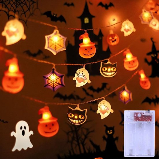Halloween Lichtsnoer - 3 meter - met 20 leds pompoen, spinnen, vleermuis, skelet - decoratie - werkt op batterijen - voor binnen en buiten tuin
