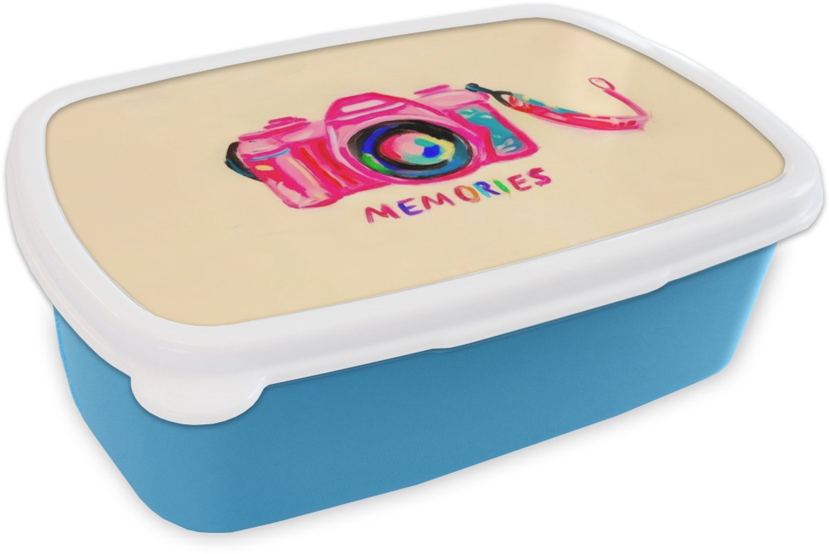 Broodtrommel Blauw - Lunchbox Camera - Memories - Roze - Geschilderd - Brooddoos 18x12x6 cm - Brood lunch box - Broodtrommels voor kinderen en volwassenen