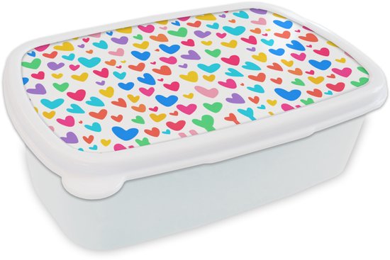 Broodtrommel Wit - Lunchbox Hartjes - Kleurrijk - Patroon - Levendig - Brooddoos 18x12x6 cm - Brood lunch box - Broodtrommels voor kinderen en volwassenen