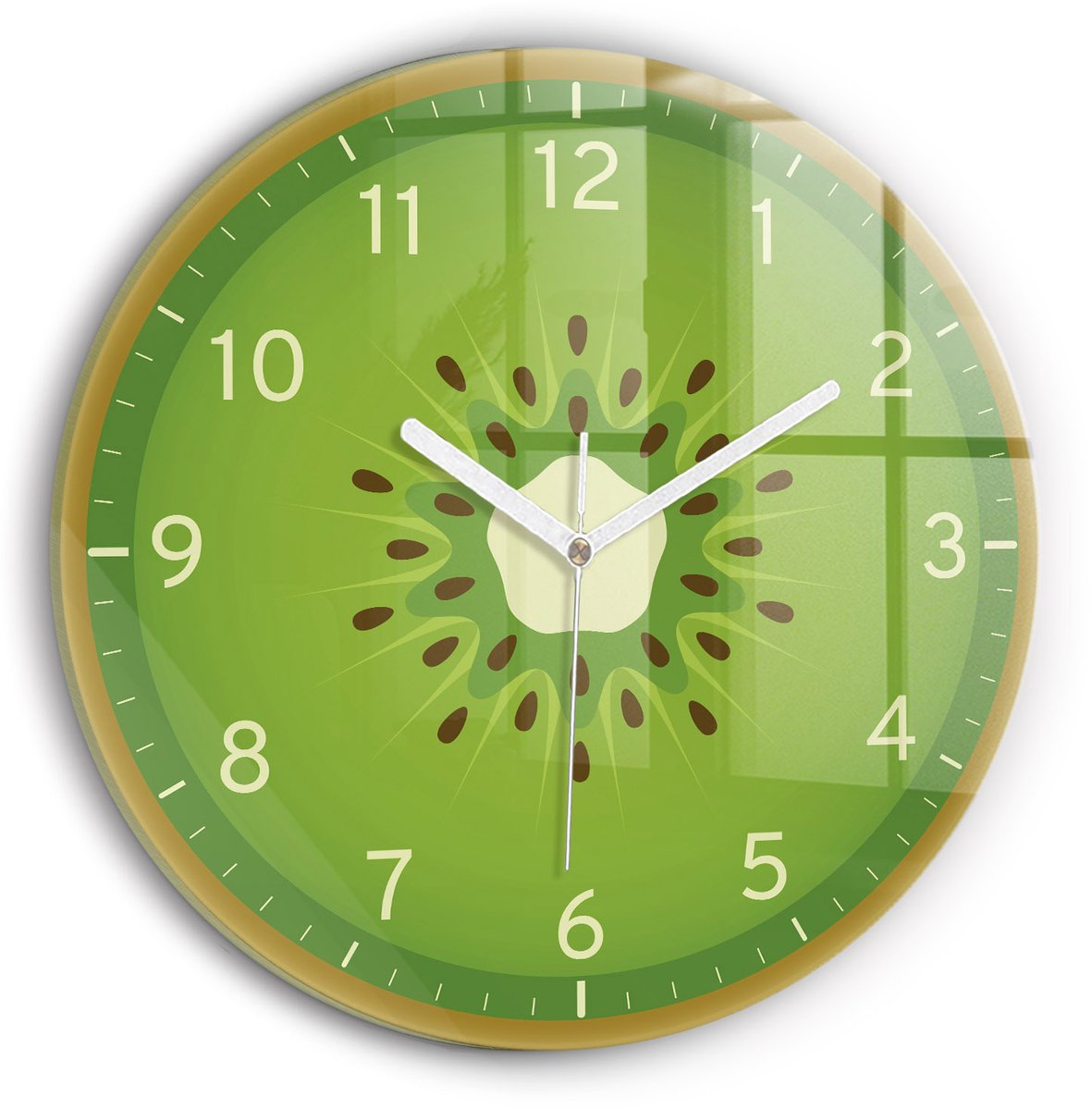 Wallfluent Wandklok - Kiwifruit Klok met Print - 30 cm x 30 cm - Groente Wandklok - Witte Handen - Wandklok zonder cijfers - Stille Wandklok Slaapkamer - Klok als Muurdecoratie - Modieuze Klok - Unieke Wandklok