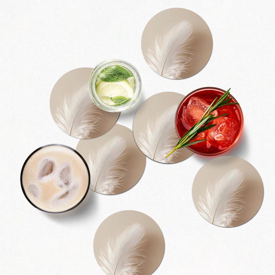 Sous-verres de verre ronds, motif plume, minimalistes, roses, 10 x 10 cm, lot de 6.