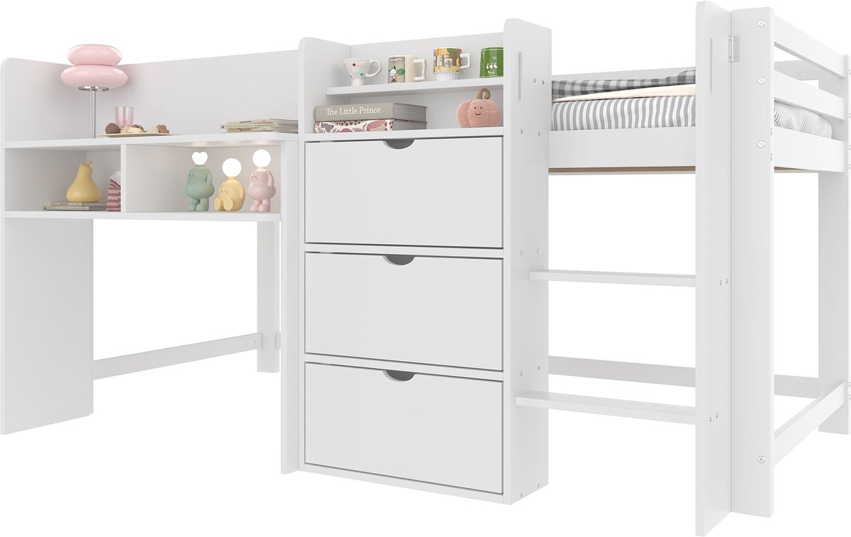 Merax Halfhoogslaper 90x200 cm - Huisvorm - Opbergruimte - Entertainmentruimte - Wit