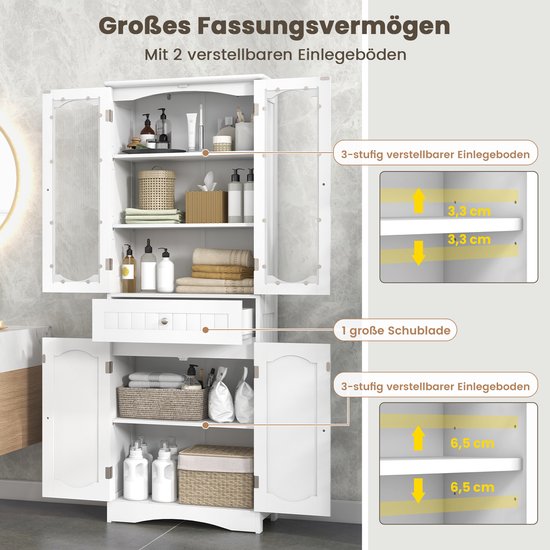 COSTWAY Badkamerkast, hoge badkamerkast met 4 deuren, lade en verstelbare plank, opbergkast voor woonkamer, badkamer, keuken, 60 x 30 x 160 cm (wit)
