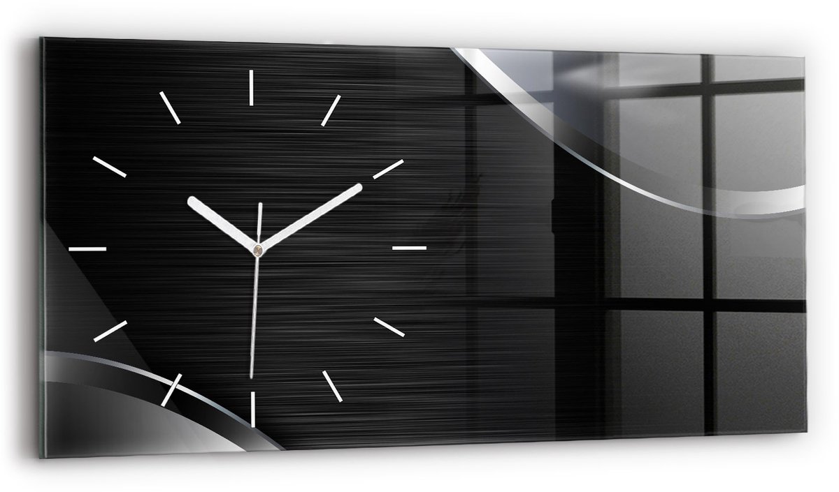 Wallfluent Wandklok - Zwarte en zilveren lijnen Klok met Afbeelding - 60 cm x 30 cm - Zwart Wandklok - Witte Handen - Wandklok Zonder Cijfers - Wandklok voor in de Keuken - Glazen Klok Rechthoekige - Industrieel Wandklok - Unieke Wandklok