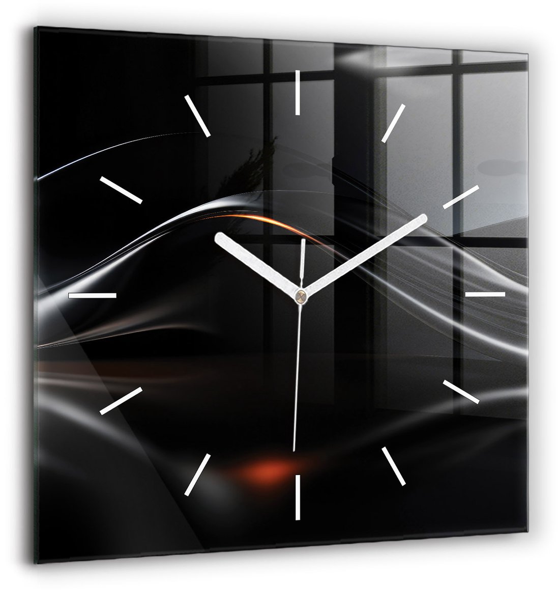 Wallfluent Wandklok - Abstractie Decoratieve Wandklok - 60 cm x 60 cm - Zwart Wandklok - Witte Handen - Wandklok Zonder Cijfers - Wandklok Glas Woonkamer - Vierkante Glazen Wandklok - Industrieel Wandklok - Stijlvolle Klok