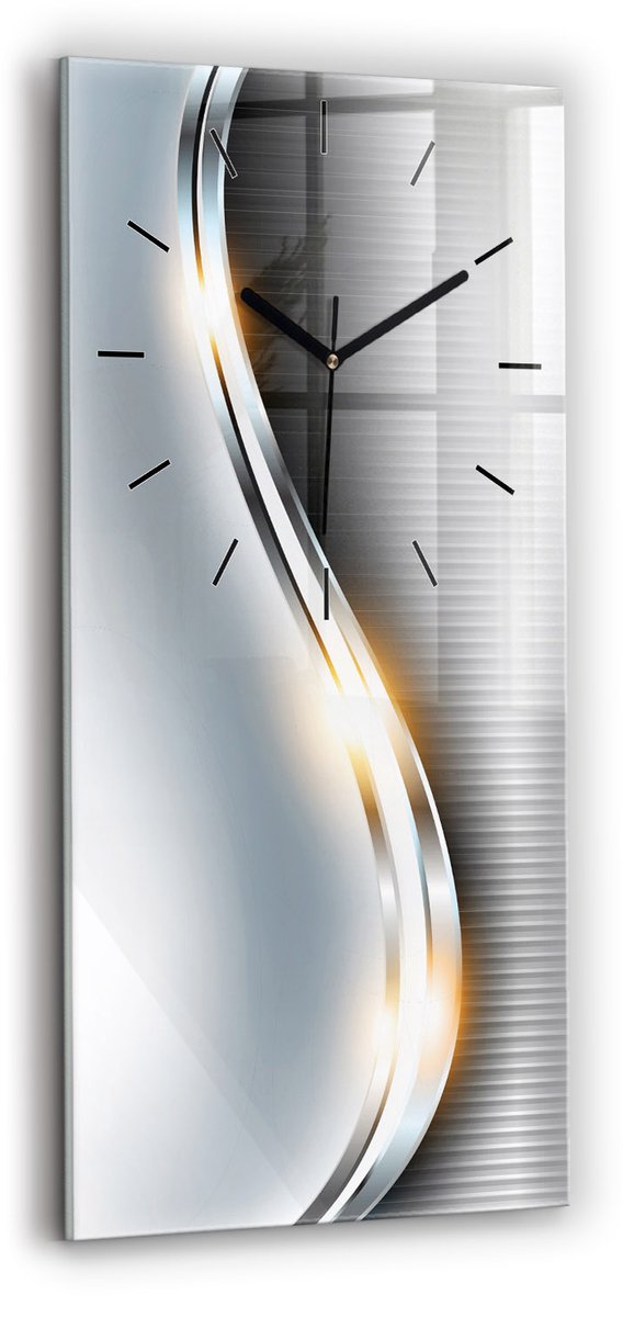 Wallfluent Wandklok - Metaalabstractie Stijlvolle Klok - 30 cm x 60 cm - Zilver Wandklok - Zwarte Handen - Wandklok Zonder Cijfers - Kinder Wandklok Glas - Rechthoekige Glas Klok - Scandinavisch Wandklok - Klok met Print