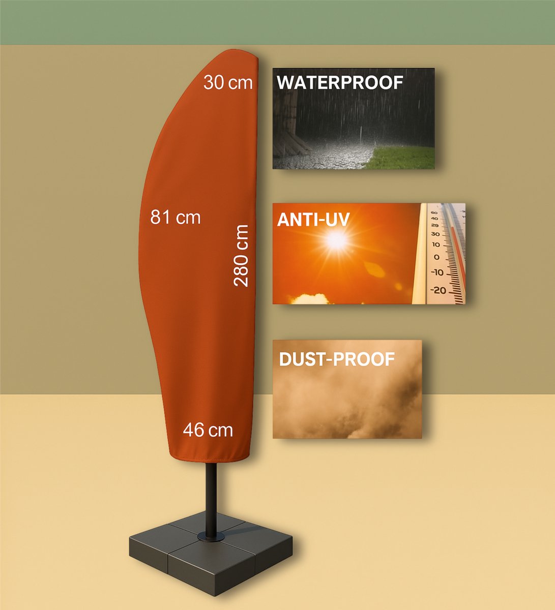 HGN Parasolhoes in Terracotta kleur voor Zweefparasol – 600D Canvas Polyester – Geschikt voor 2.75m tot 4.00m parasols – Inclusief Stok & Extra Grote Bewaarzak
