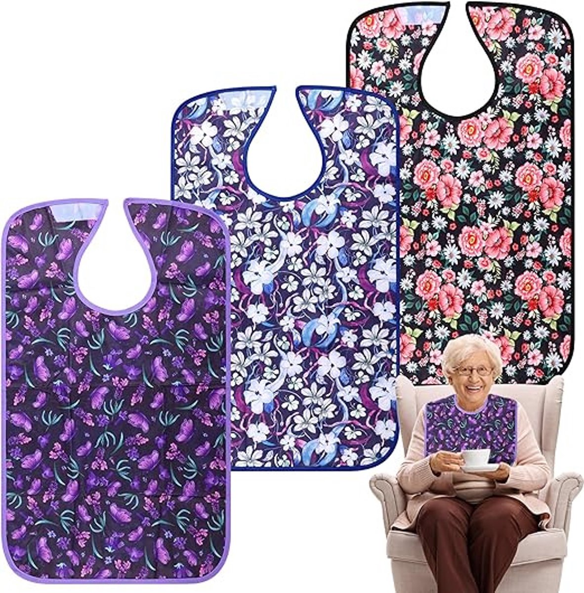 Image of 3-delige wasbare kledingbeschermer met vuilopvangbak voor volwassenen, slabbetjes voor oudere vrouwen die wasbare bloemen eten