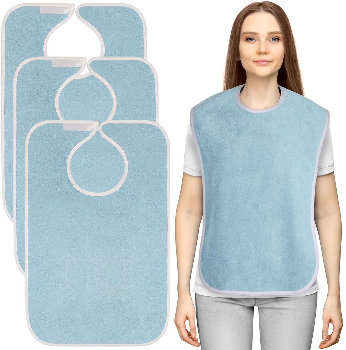 Image of 3-pack premium unisex slabbetjes voor volwassenen voor oudere vrouwen en mannen, waterdichte slabbetjes voor tijdens het eten, verstelbaar en wasbaar (blauw)