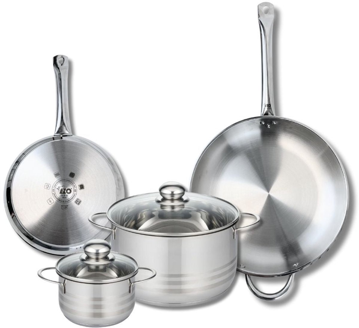Set van 2 Koekenpannen 24 en 32 cm en 2 Kookpotten 14 en 24 cm Elo Profi Brillant