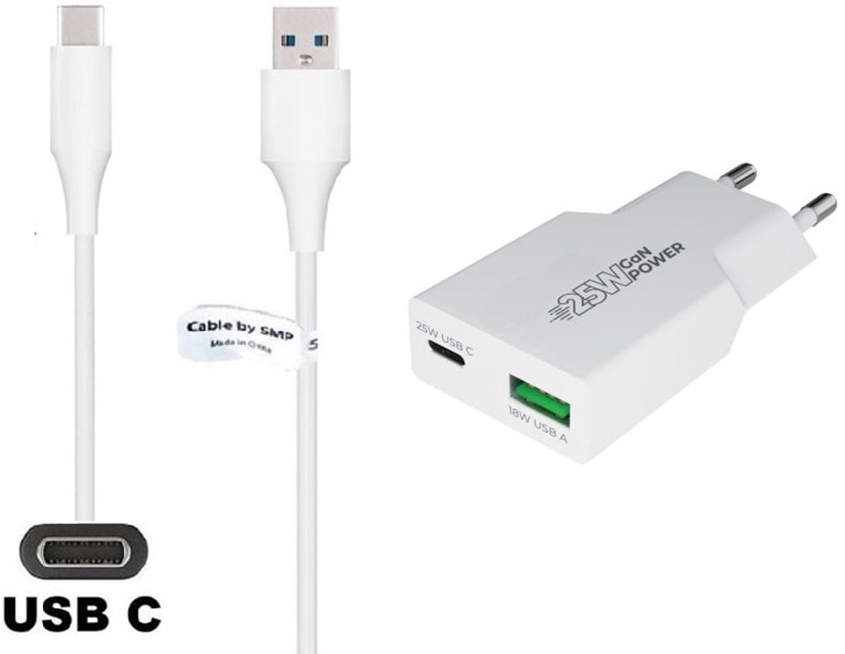 OneOne 25W snellader met 2 poorten + 1,8m sterke USB C kabel. PD PPS lader. GAN oplader adapter past op Samsung Galaxy M07, F07, M17, F17, Z TriFold, Tab A11 / A11+, Tab S11 / S11 Ultra, Tab S5e, Tab S6, Tab S7, Tab S8