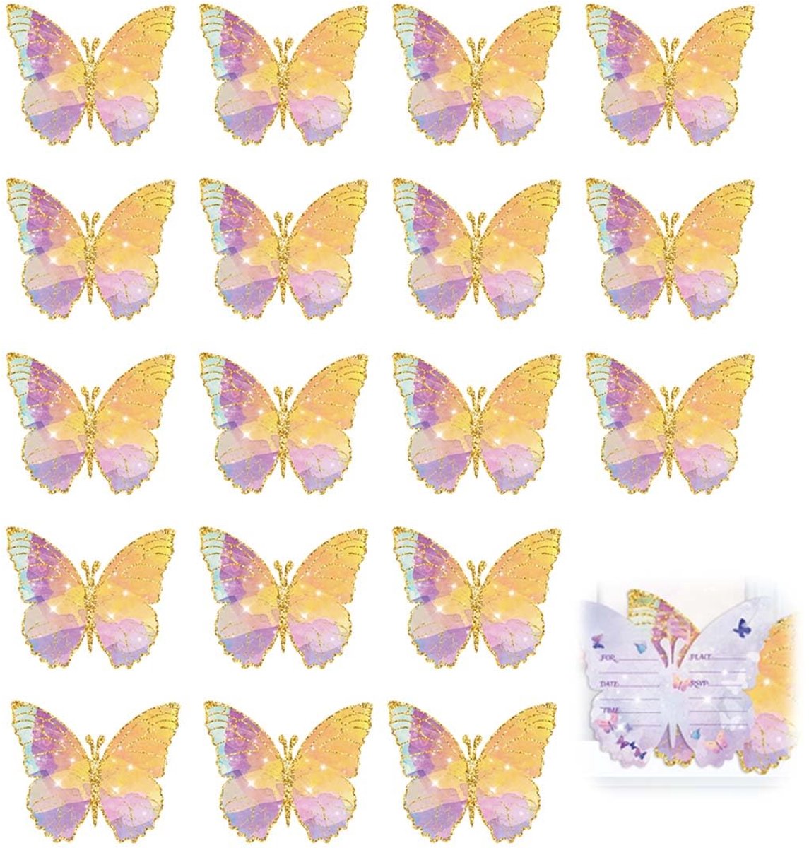 18 Kinderuitnodigingen - Vlinderdesign - Inclusief Enveloppen en Stickers
