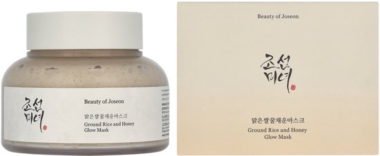 Pot en doos van 'Ground Rice and Honey Glow Mask' van Beauty of Joseon, met Koreaanse en Engelse tekst.