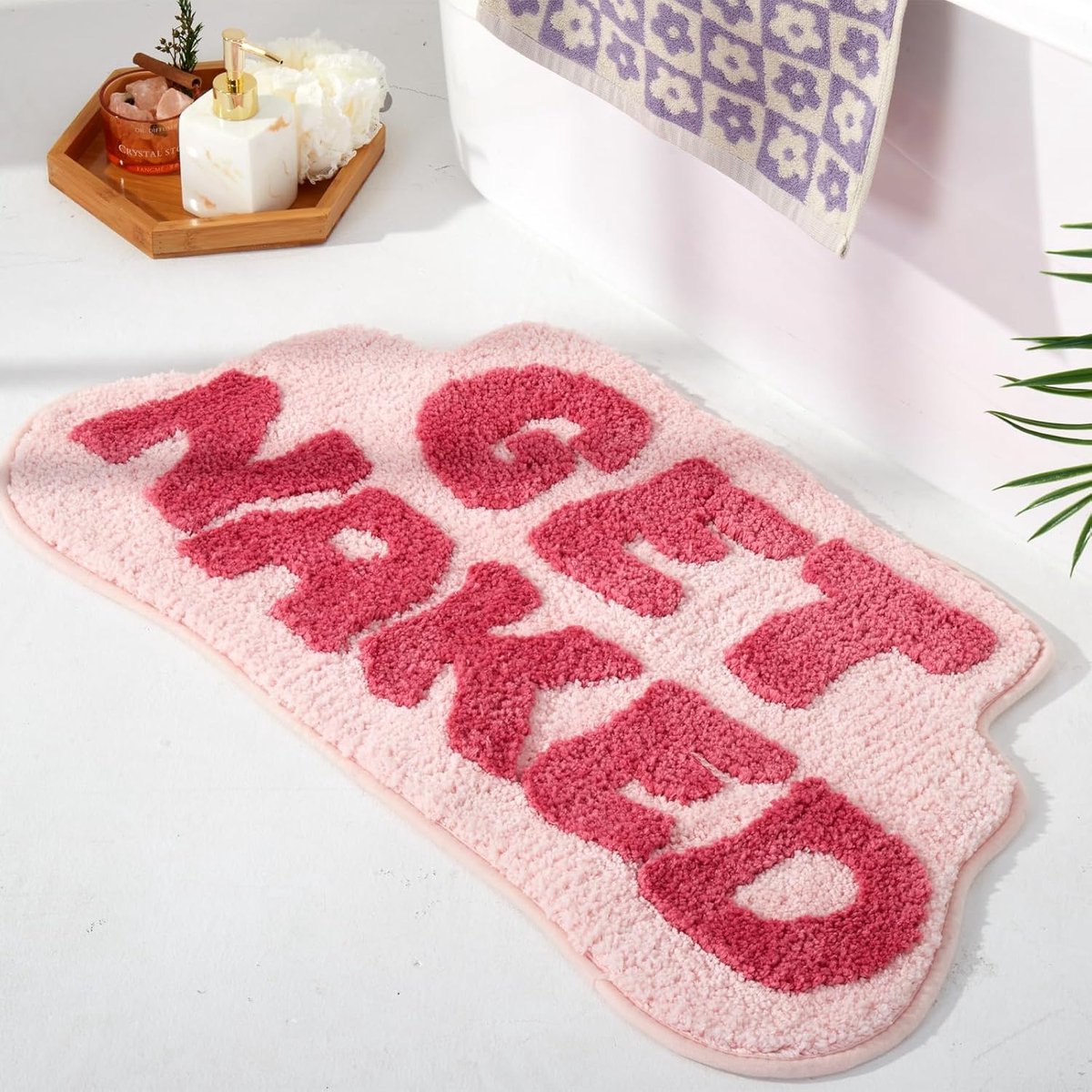 Onregelmatig gevormde Get Naked badmat roze – Grappige badkamertapijt voor trendy badkamerdecoratie