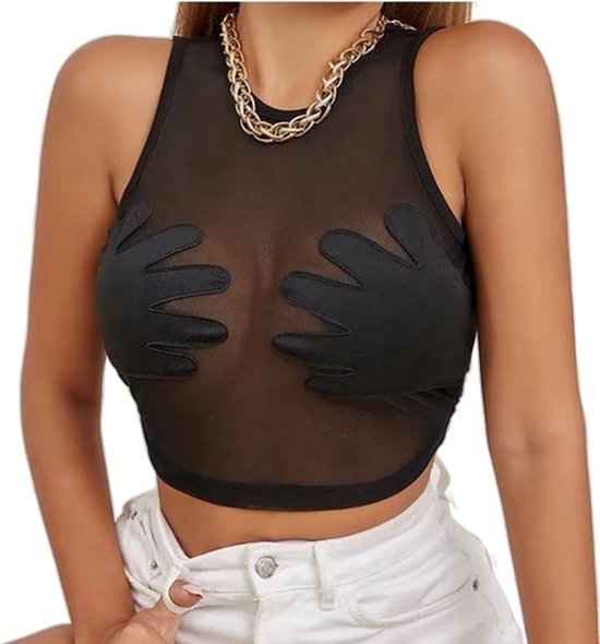 Haut sexy sans manches - Très extensible - Transparent - Mains sur les seins - À la mode